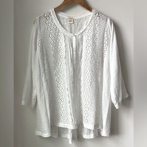 Sundance White Eyelet Boho Cottagecore Button Front Top Coverup Roll Tab Size M